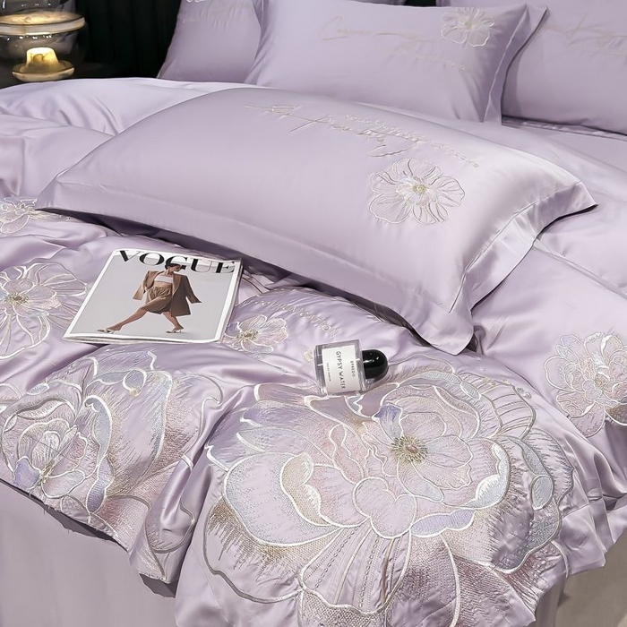 91家纺网 家纺一手货源 找家纺 欧乐蒂 2025新款水洗冰丝刺绣四件套-花颜 花颜-芋紫