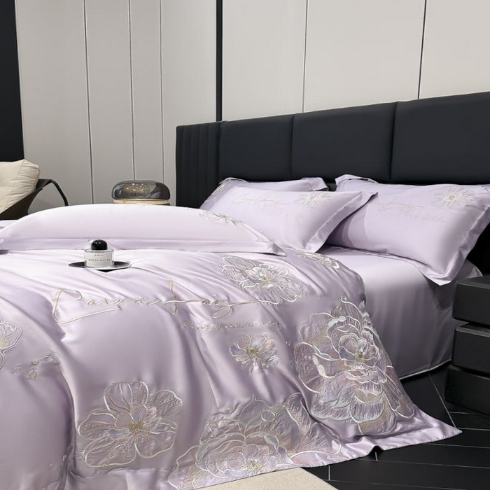 91家纺网 家纺一手货源 找家纺 欧乐蒂 2025新款水洗冰丝刺绣四件套-花颜 花颜-芋紫