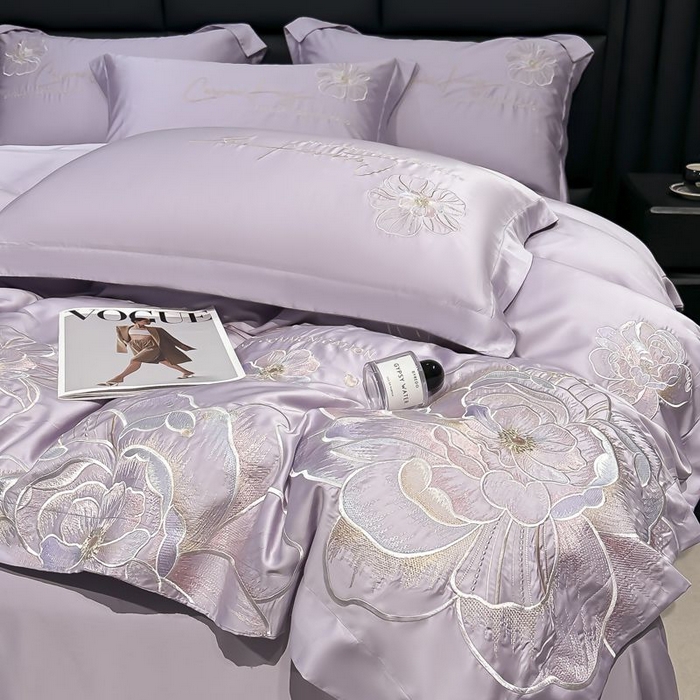 91家纺网 家纺一手货源 找家纺 欧乐蒂 2025新款水洗冰丝刺绣四件套-花颜 花颜-芋紫