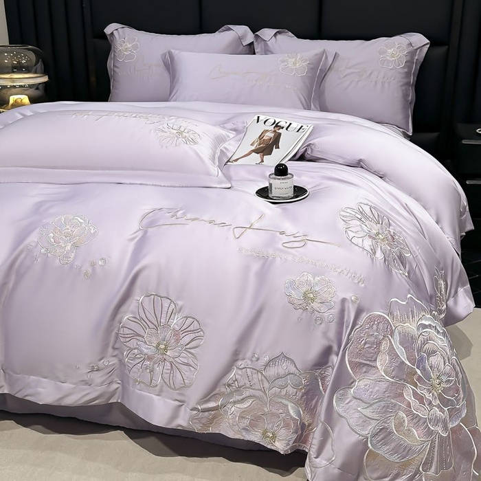 91家纺网 家纺一手货源 找家纺 欧乐蒂 2025新款水洗冰丝刺绣四件套-花颜 花颜-芋紫