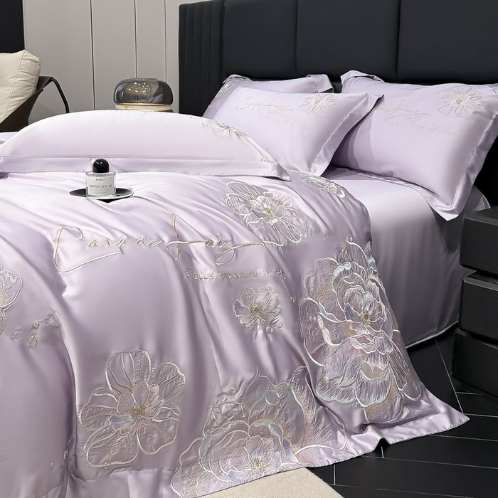 91家纺网 家纺一手货源 找家纺 欧乐蒂 2025新款水洗冰丝刺绣四件套-花颜 花颜-芋紫