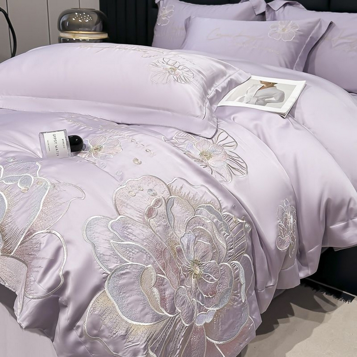 91家纺网 家纺一手货源 找家纺 欧乐蒂 2025新款水洗冰丝刺绣四件套-花颜 花颜-芋紫