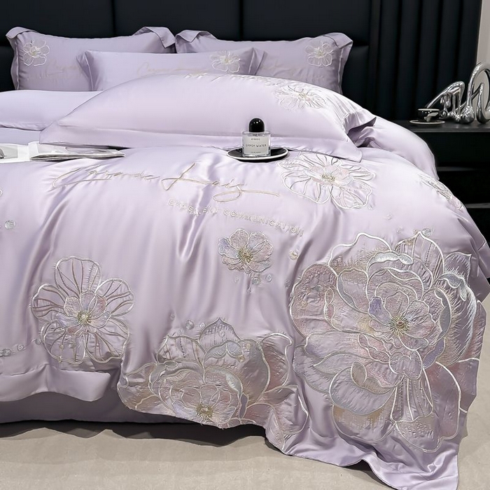 91家纺网 家纺一手货源 找家纺 欧乐蒂 2025新款水洗冰丝刺绣四件套-花颜 花颜-芋紫