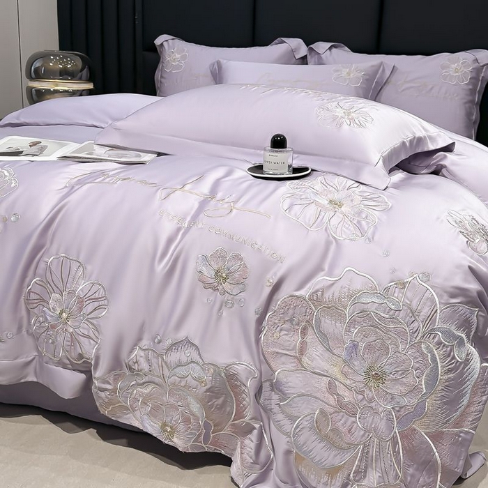 91家纺网 家纺一手货源 找家纺 欧乐蒂 2025新款水洗冰丝刺绣四件套-花颜 花颜-芋紫