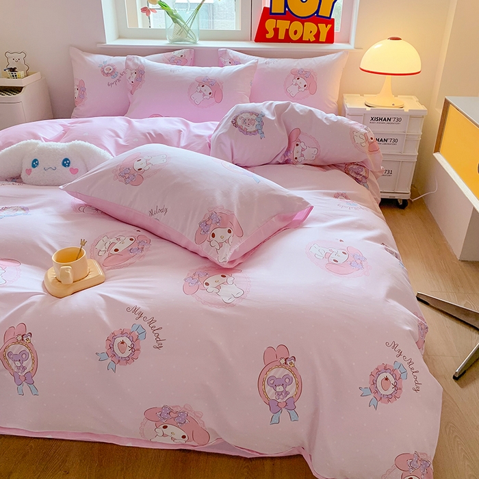 91家纺网 家纺一手货源 找家纺 玉元坊 2025年5月新品三丽鸥全棉床单纯棉床裙床笠三四件套简约基础款式-美乐蒂简约款式 小兔美乐蒂【简约款】