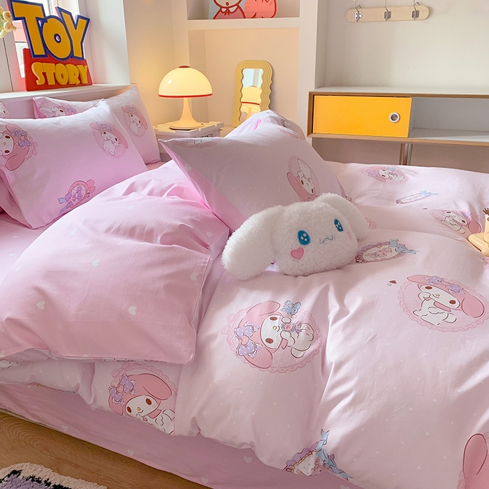 91家纺网 家纺一手货源 找家纺 玉元坊 2025年5月新品三丽鸥全棉床单纯棉床裙床笠三四件套简约基础款式-美乐蒂简约款式 小兔美乐蒂【简约款】