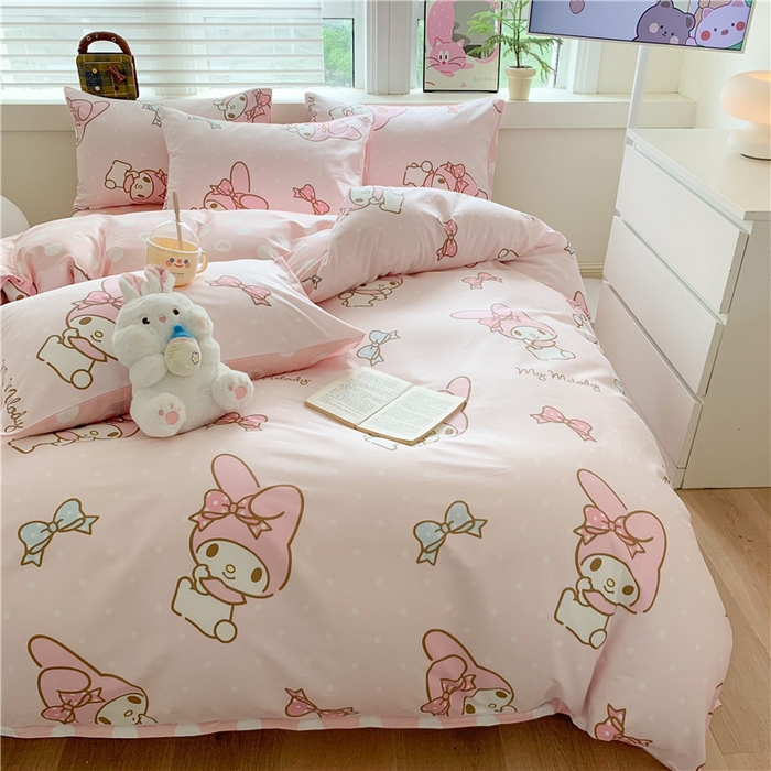 91家纺网 家纺一手货源 找家纺 玉元坊 2025年5月新品三丽鸥全棉床单纯棉床裙床笠三四件套简约基础款式-美乐蒂简约款式 蝴蝶结美乐蒂【简约款】