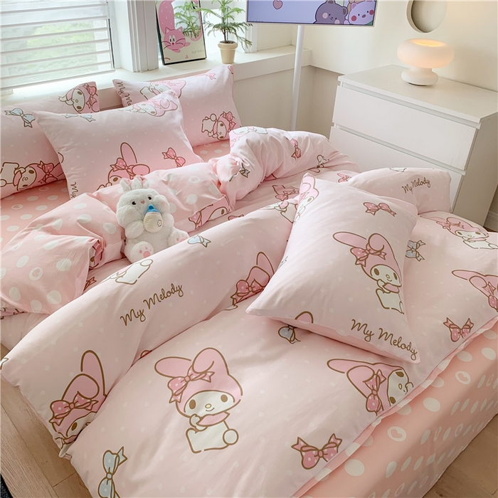 91家纺网 家纺一手货源 找家纺 玉元坊 2025年5月新品三丽鸥全棉床单纯棉床裙床笠三四件套简约基础款式-美乐蒂简约款式 蝴蝶结美乐蒂【简约款】