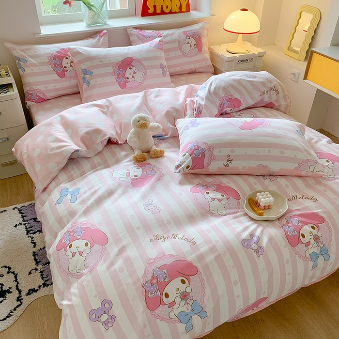 91家纺网 家纺一手货源 找家纺 玉元坊 2025年5月新品三丽鸥全棉床单纯棉床裙床笠三四件套简约基础款式-美乐蒂简约款式 甜甜美乐蒂【简约款】