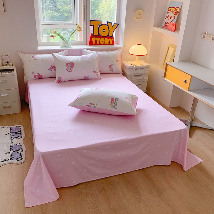 91家纺网 家纺一手货源 找家纺 玉元坊 2025年5月新品三丽鸥全棉床单纯棉床裙床笠三四件套简约基础款式-美乐蒂简约款式 开心美乐蒂【简约款】