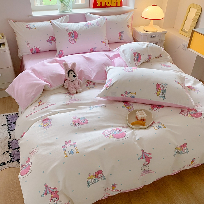 91家纺网 家纺一手货源 找家纺 玉元坊 2025年5月新品三丽鸥全棉床单纯棉床裙床笠三四件套简约基础款式-美乐蒂简约款式 开心美乐蒂【简约款】