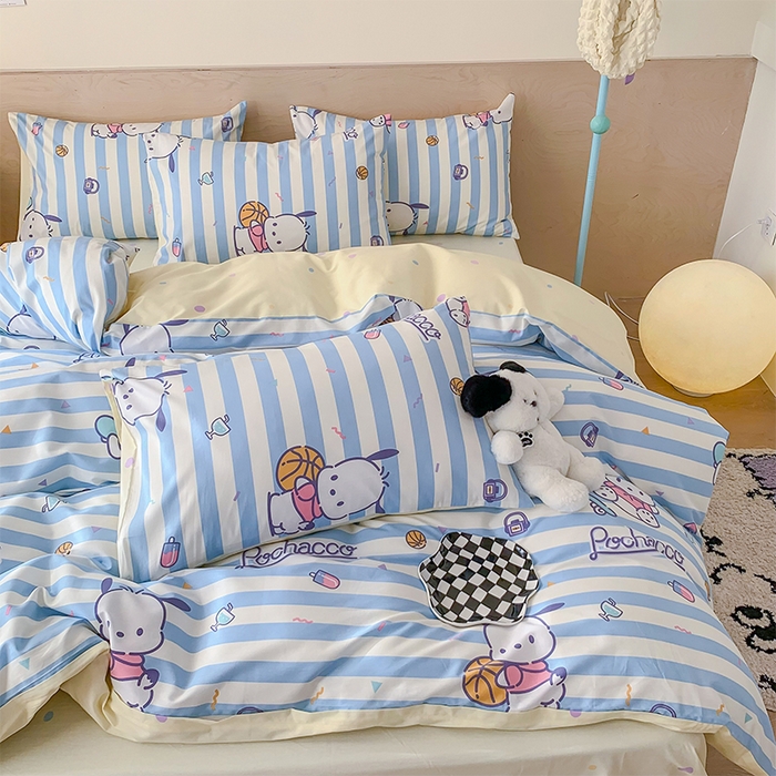 91家纺网 家纺一手货源 找家纺 玉元坊 2025年5月新品三丽鸥全棉床单纯棉床裙床笠三四件套简约基础款式-帕恰狗简约款式 条纹帕恰狗【简约款】