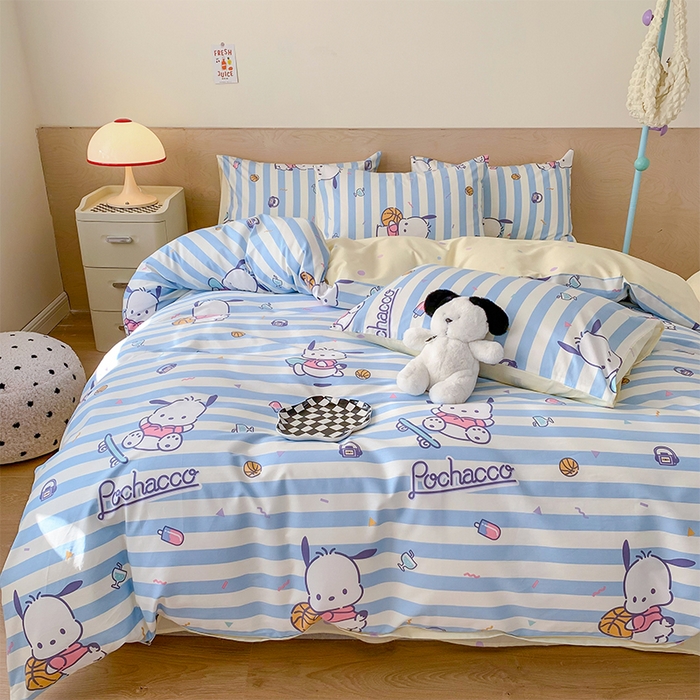 91家纺网 家纺一手货源 找家纺 玉元坊 2025年5月新品三丽鸥全棉床单纯棉床裙床笠三四件套简约基础款式-帕恰狗简约款式 条纹帕恰狗【简约款】