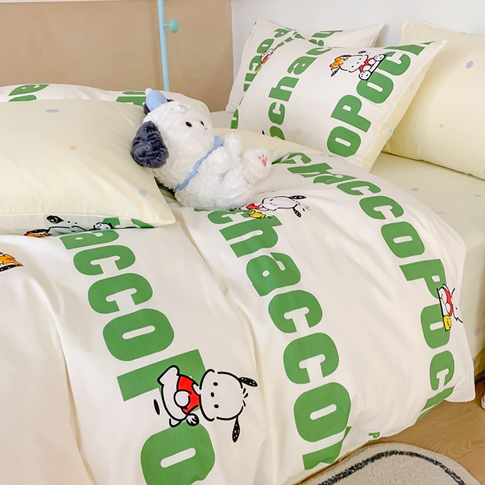 91家纺网 家纺一手货源 找家纺 玉元坊 2025年5月新品三丽鸥全棉床单纯棉床裙床笠三四件套简约基础款式-帕恰狗简约款式 字母帕恰狗【简约款】