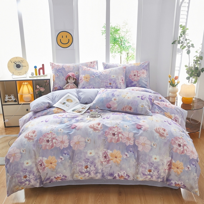 91家纺网 家纺一手货源 找家纺 雲归梦 2025年新款全棉纯棉活性印花四件套 偏偏花语-紫