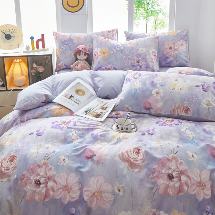 91家纺网 家纺一手货源 找家纺 雲归梦 2025年新款全棉纯棉活性印花四件套 偏偏花语-紫