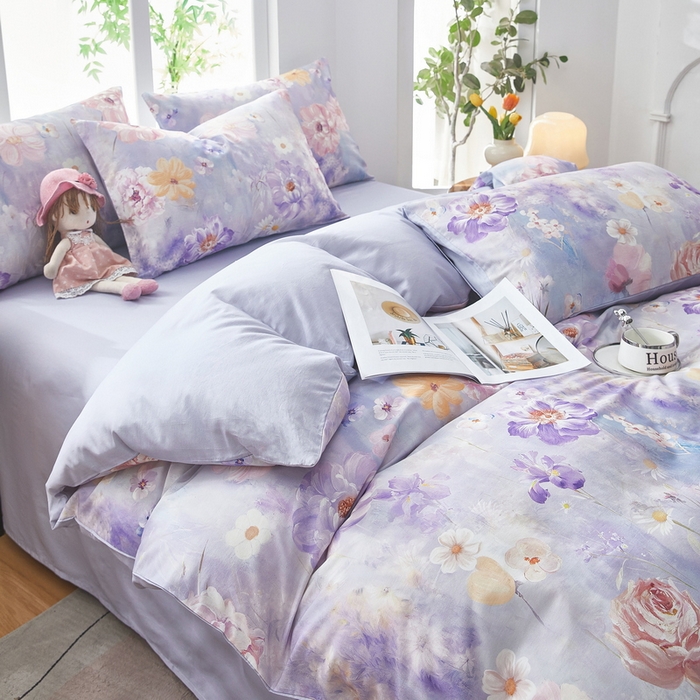 91家纺网 家纺一手货源 找家纺 雲归梦 2025年新款全棉纯棉活性印花四件套 偏偏花语-紫