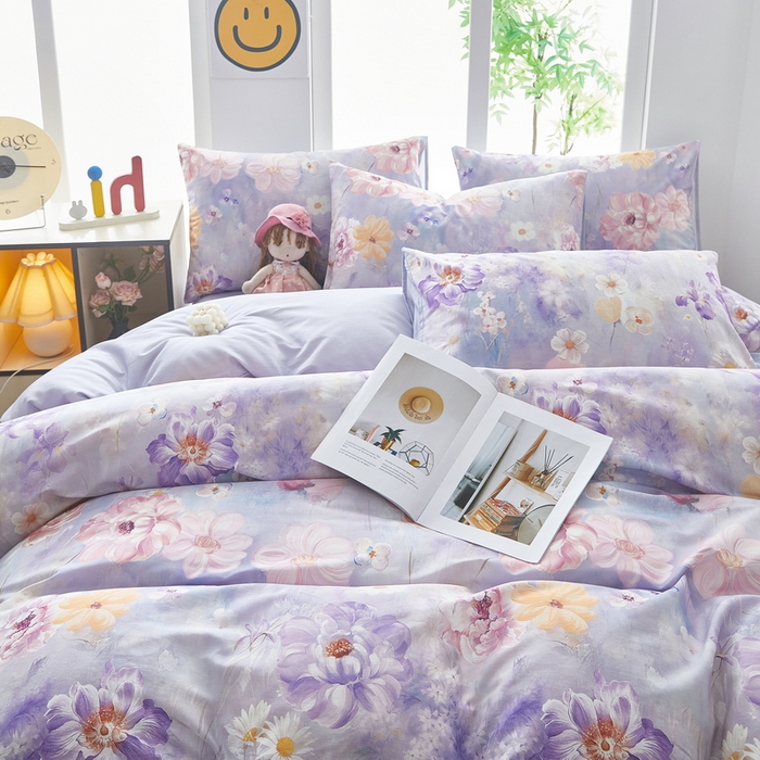 91家纺网 家纺一手货源 找家纺 雲归梦 2025年新款全棉纯棉活性印花四件套 偏偏花语-紫