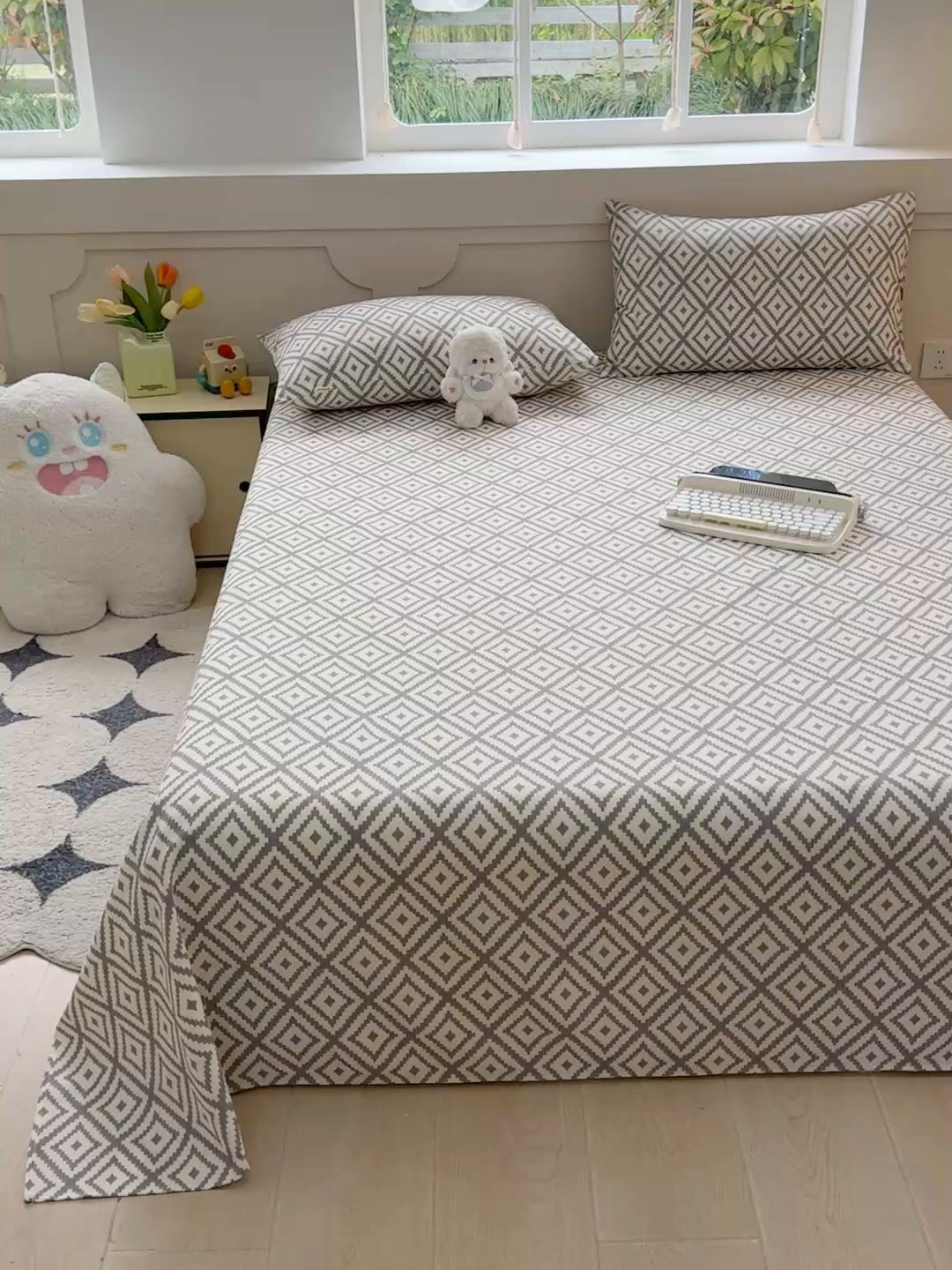 91家纺网 家纺一手货源 找家纺 2025新款原棉老粗布床单凉席三件套柔软舒适-热门花型一 菱格绿