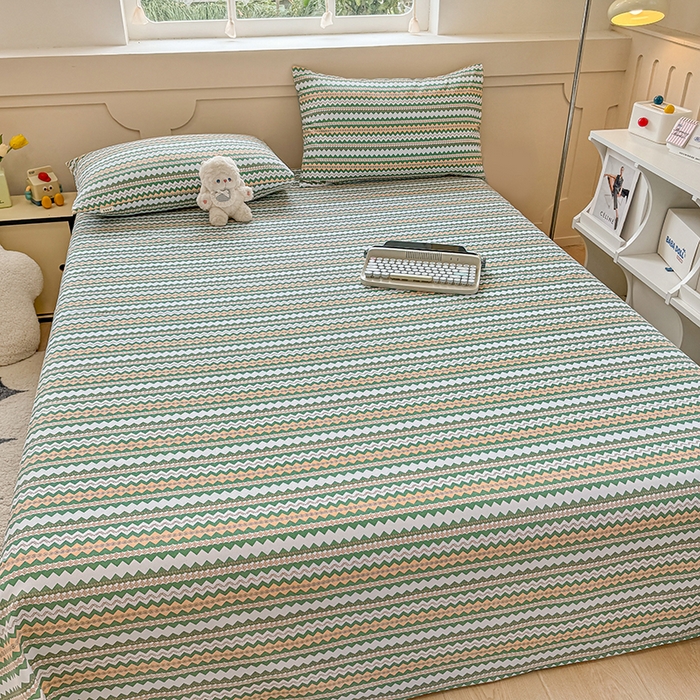 91家纺网 家纺一手货源 找家纺 2025新款原棉老粗布床单凉席三件套柔软舒适-热门花型一 向往条绿