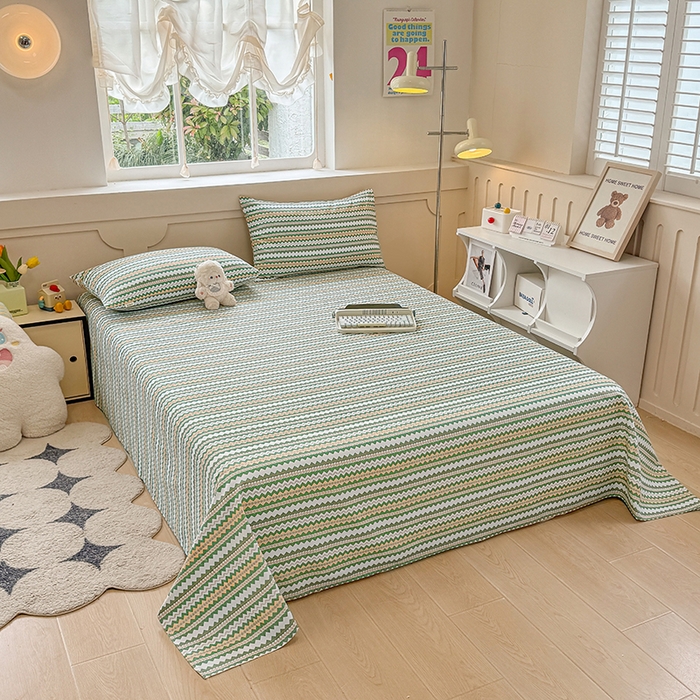 91家纺网 家纺一手货源 找家纺 2025新款原棉老粗布床单凉席三件套柔软舒适-热门花型一 向往条绿