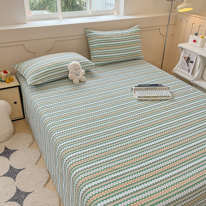 91家纺网 家纺一手货源 找家纺 2025新款原棉老粗布床单凉席三件套柔软舒适-热门花型一 向往条绿