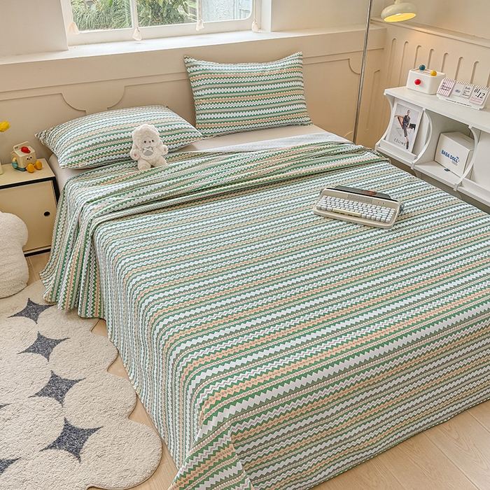 91家纺网 家纺一手货源 找家纺 2025新款原棉老粗布床单凉席三件套柔软舒适-热门花型一 向往条绿