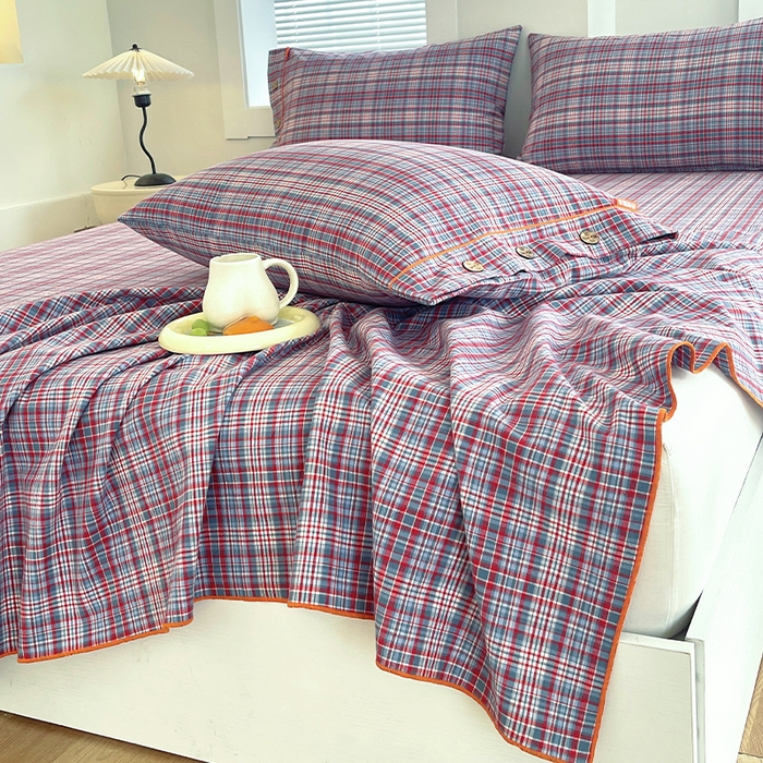 91家纺网 家纺一手货源 找家纺 春皖家纺 2025新款全棉色织密拷老粗布系列-单床单 赤红格