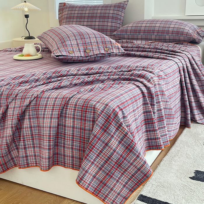 91家纺网 家纺一手货源 找家纺 春皖家纺 2025新款全棉色织密拷老粗布系列-单床单 赤红格