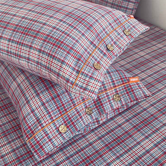 91家纺网 家纺一手货源 找家纺 春皖家纺 2025新款全棉色织密拷老粗布系列-单床单 赤红格