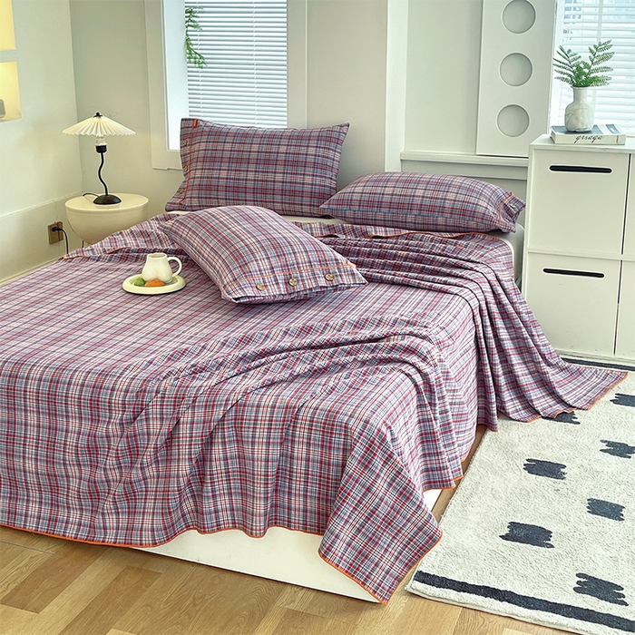 91家纺网 家纺一手货源 找家纺 春皖家纺 2025新款全棉色织密拷老粗布系列-单床单 赤红格