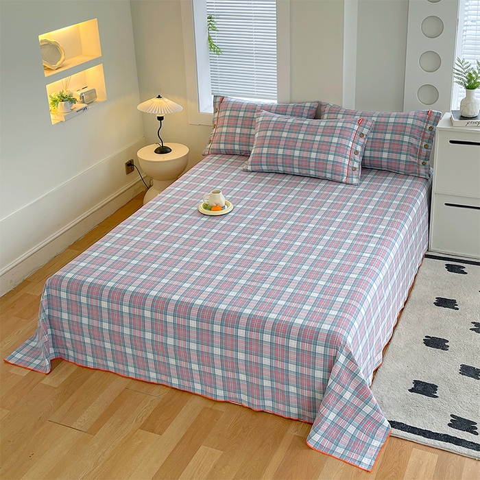 91家纺网 家纺一手货源 找家纺 春皖家纺 2025新款全棉色织密拷老粗布系列-单床单 粉格格