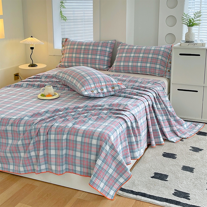 91家纺网 家纺一手货源 找家纺 春皖家纺 2025新款全棉色织密拷老粗布系列-单床单 粉格格