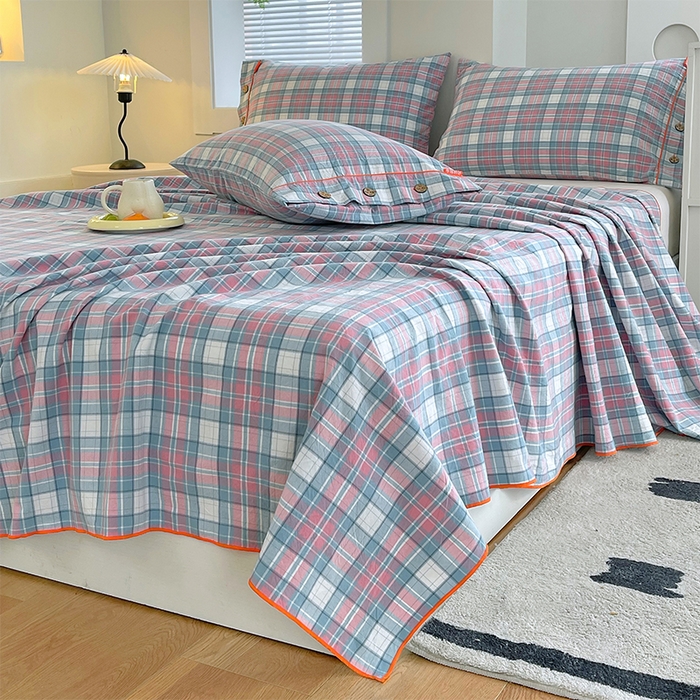 91家纺网 家纺一手货源 找家纺 春皖家纺 2025新款全棉色织密拷老粗布系列-单床单 粉格格