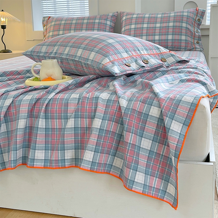 91家纺网 家纺一手货源 找家纺 春皖家纺 2025新款全棉色织密拷老粗布系列-单床单 粉格格