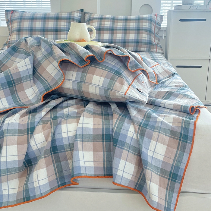 91家纺网 家纺一手货源 找家纺 春皖家纺 2025新款全棉色织密拷老粗布系列-单床单 米绿格