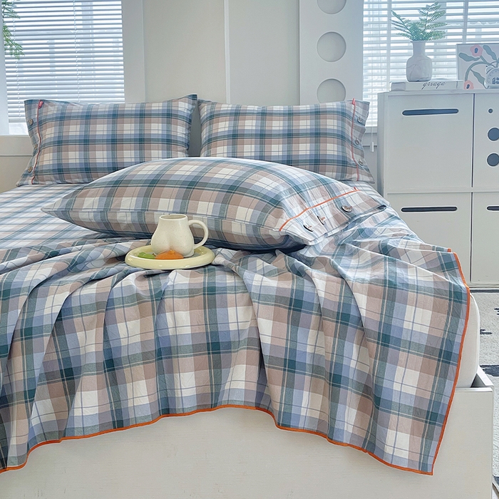 91家纺网 家纺一手货源 找家纺 春皖家纺 2025新款全棉色织密拷老粗布系列-单床单 米绿格