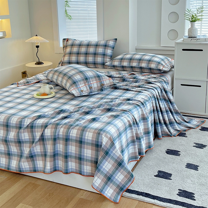 91家纺网 家纺一手货源 找家纺 春皖家纺 2025新款全棉色织密拷老粗布系列-单床单 米绿格