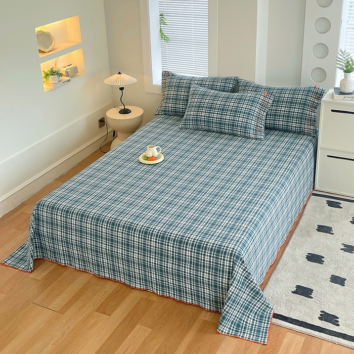 91家纺网 家纺一手货源 找家纺 春皖家纺 2025新款全棉色织密拷老粗布系列-单床单 墨绿格