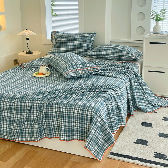 91家纺网 家纺一手货源 找家纺 春皖家纺 2025新款全棉色织密拷老粗布系列-单床单 墨绿格