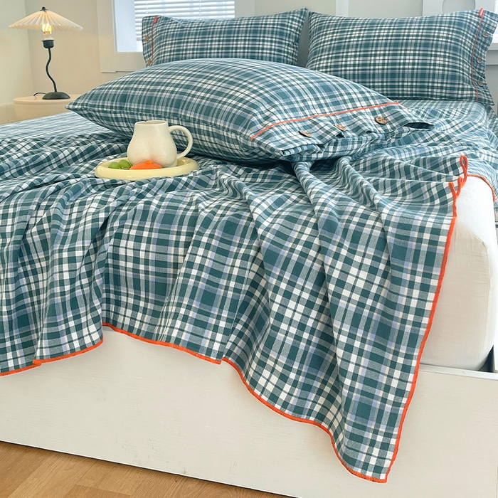 91家纺网 家纺一手货源 找家纺 春皖家纺 2025新款全棉色织密拷老粗布系列-单床单 墨绿格