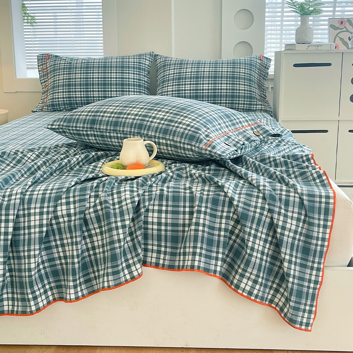 91家纺网 家纺一手货源 找家纺 春皖家纺 2025新款全棉色织密拷老粗布系列-单床单 墨绿格