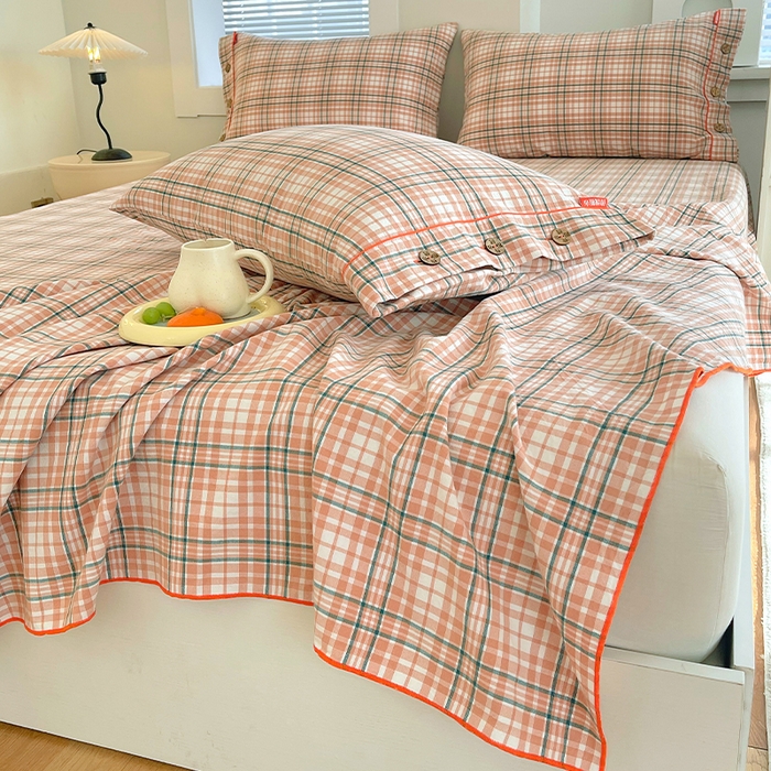 91家纺网 家纺一手货源 找家纺 春皖家纺 2025新款全棉色织密拷老粗布系列-单床单 盐桔格