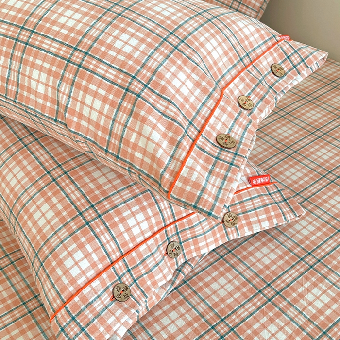 91家纺网 家纺一手货源 找家纺 春皖家纺 2025新款全棉色织密拷老粗布系列-单床单 盐桔格