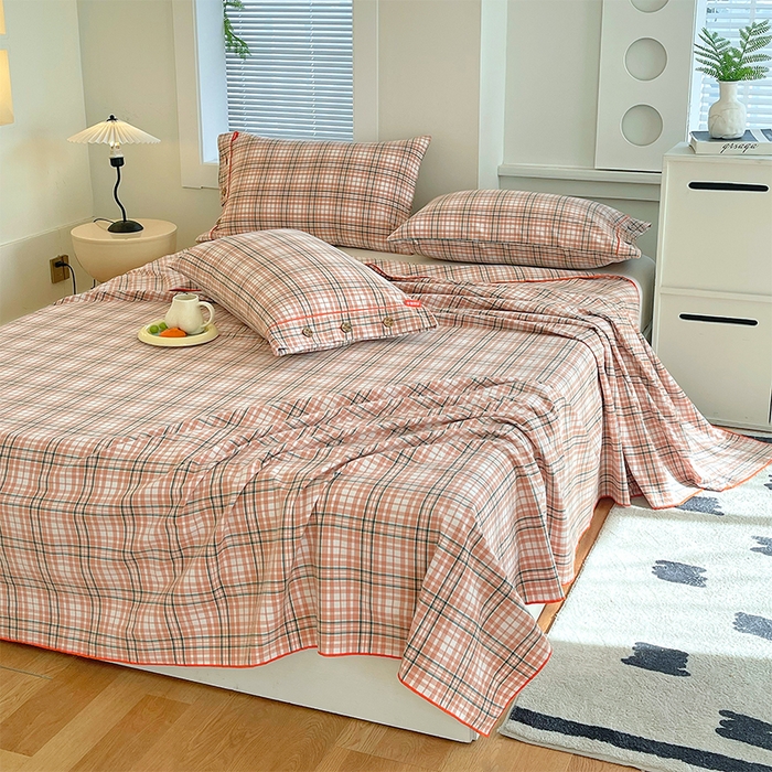 91家纺网 家纺一手货源 找家纺 春皖家纺 2025新款全棉色织密拷老粗布系列-单床单 盐桔格