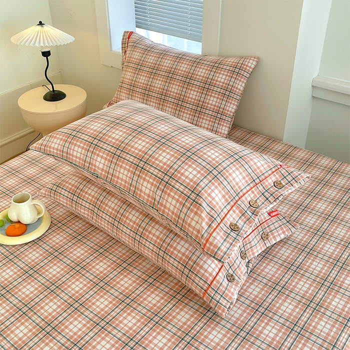 91家纺网 家纺一手货源 找家纺 春皖家纺 2025新款全棉色织密拷老粗布系列-单床单 盐桔格