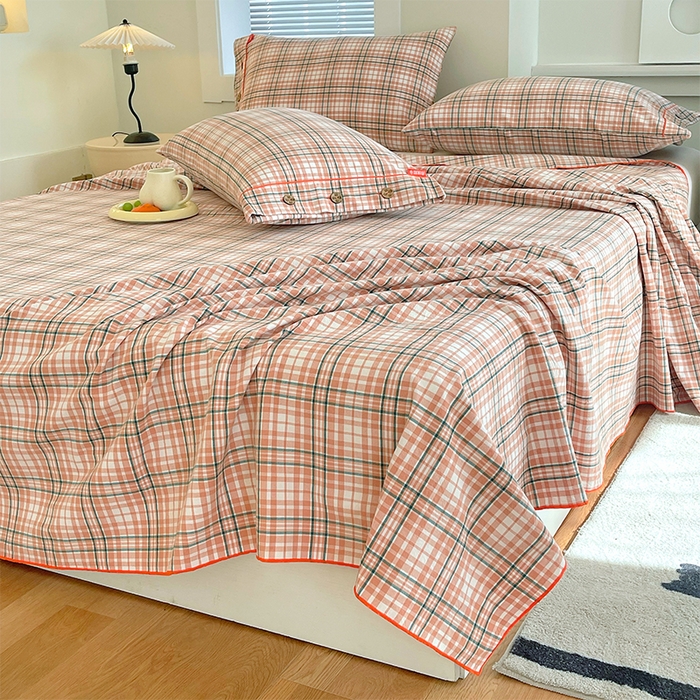 91家纺网 家纺一手货源 找家纺 春皖家纺 2025新款全棉色织密拷老粗布系列-单床单 盐桔格