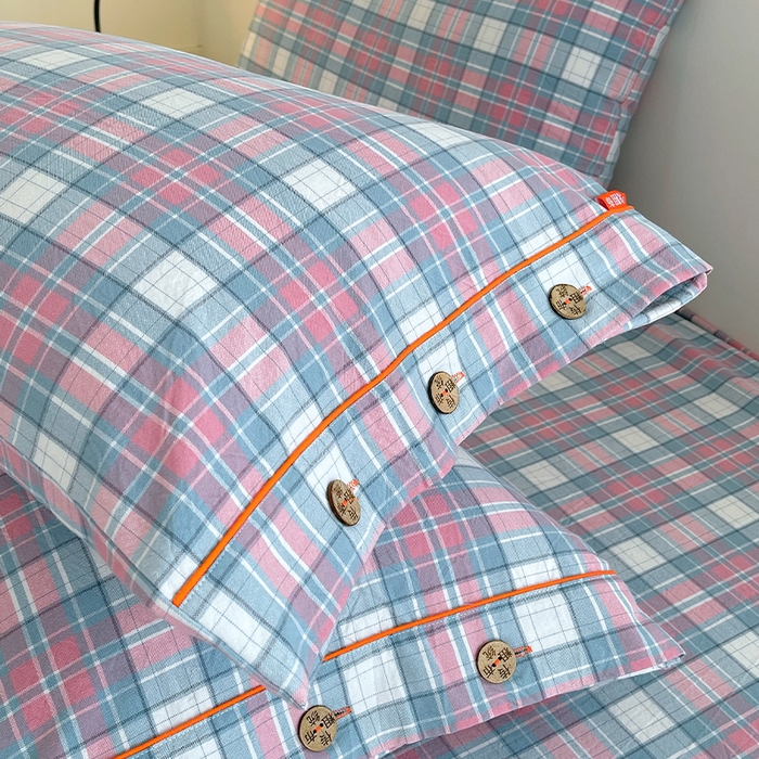 春皖家纺 2025新款全棉色织密拷老粗布系列-单枕套 粉格格