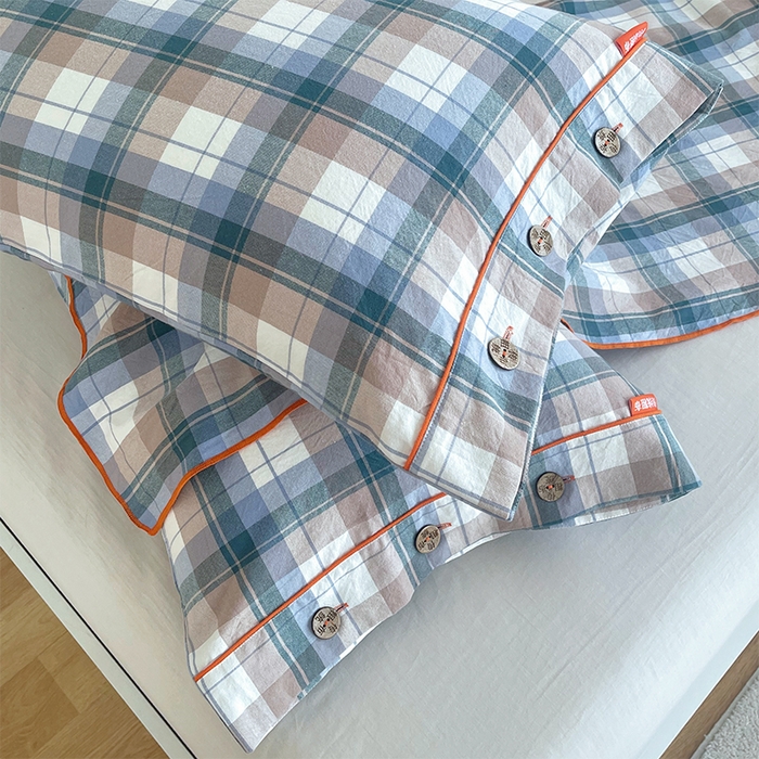 91家纺网 家纺一手货源 找家纺 春皖家纺 2025新款全棉色织密拷老粗布系列-单枕套 米绿格