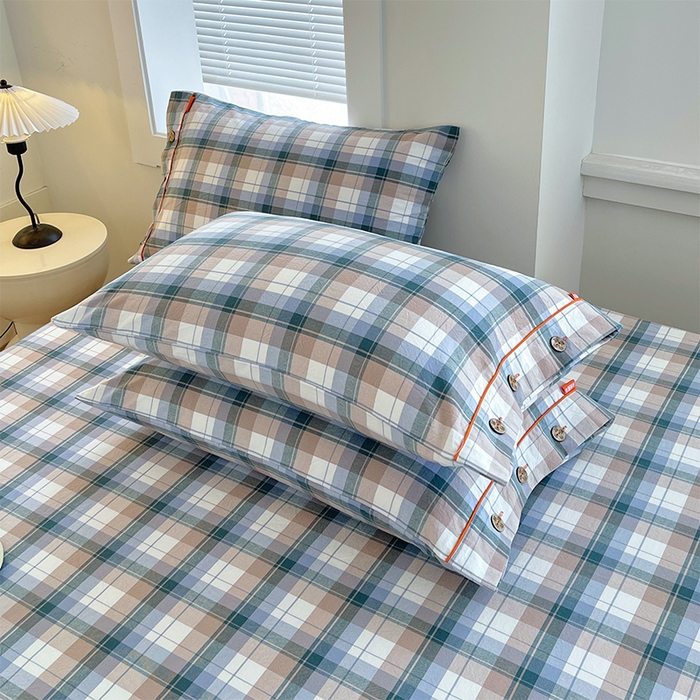 91家纺网 家纺一手货源 找家纺 春皖家纺 2025新款全棉色织密拷老粗布系列-单枕套 米绿格